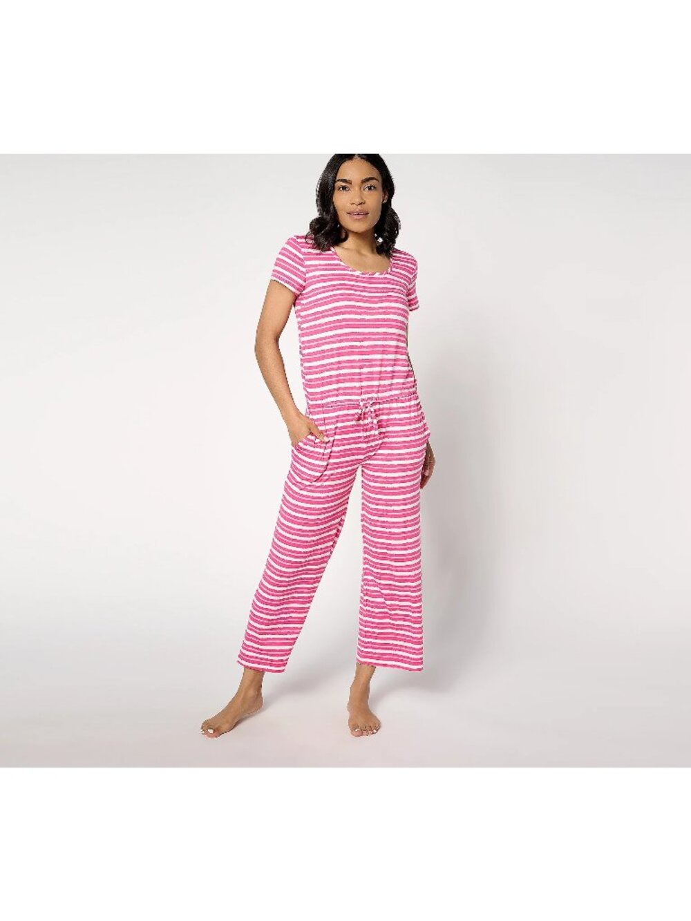 MUK LUKS Jumpsuit Size 1X Cloud Knit Square Neck Pink Stripe Lounge Comfy NEW